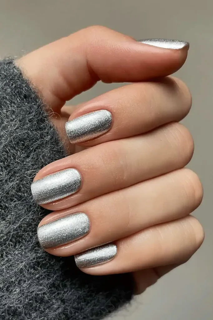 Short Silver Glitter Manicure
