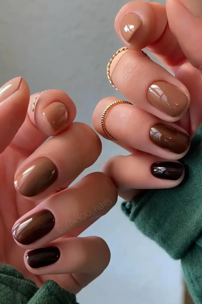 Short Skittle Nails In Different Brown ShadesBrown French Tip Mani With Gold Chrome Stars