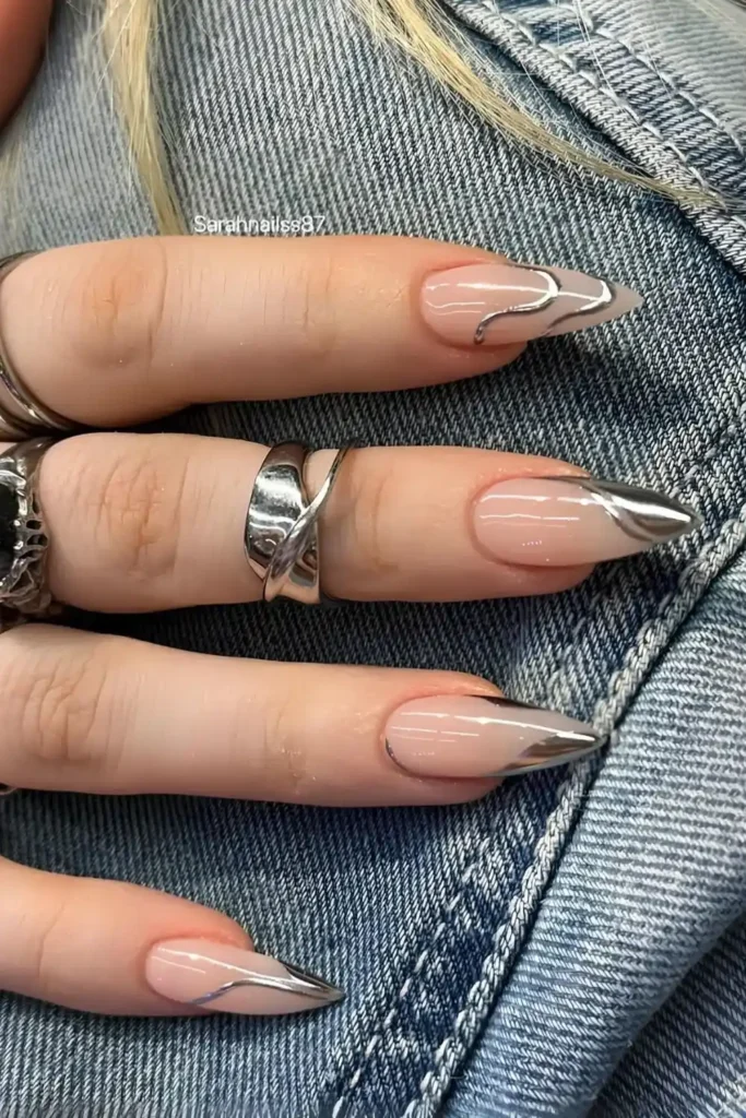Silver Chrome Side French Tip Nails