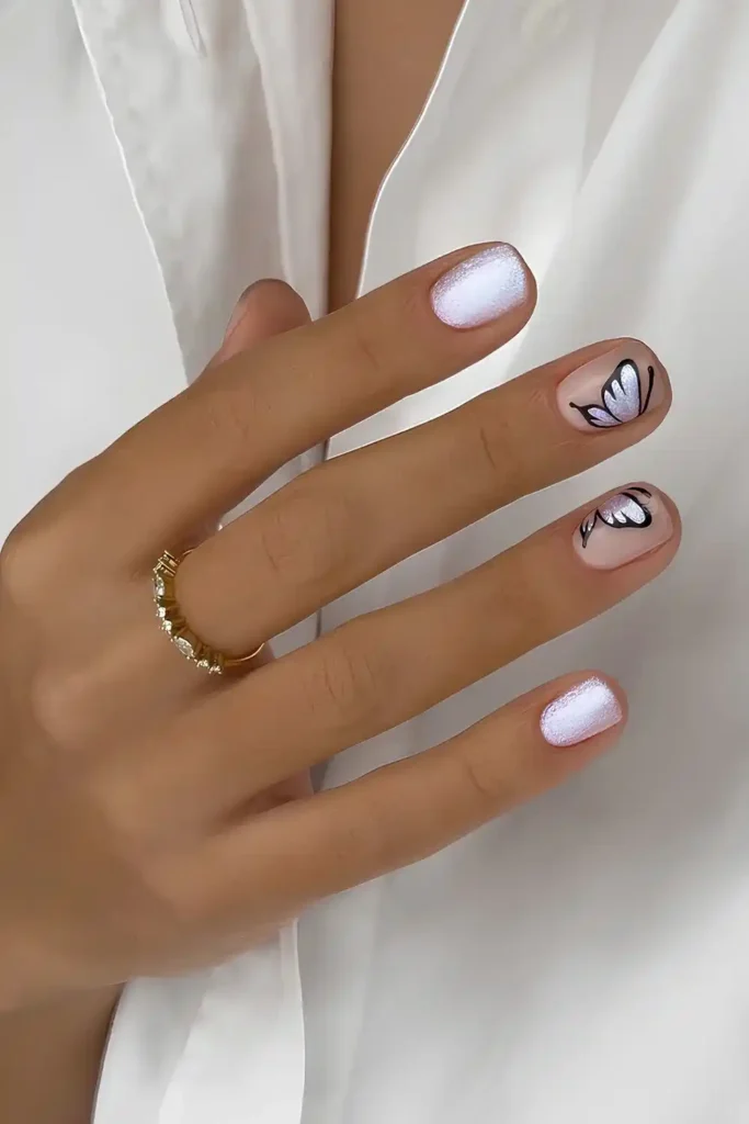 Silver Velvet Nails With Butterflies