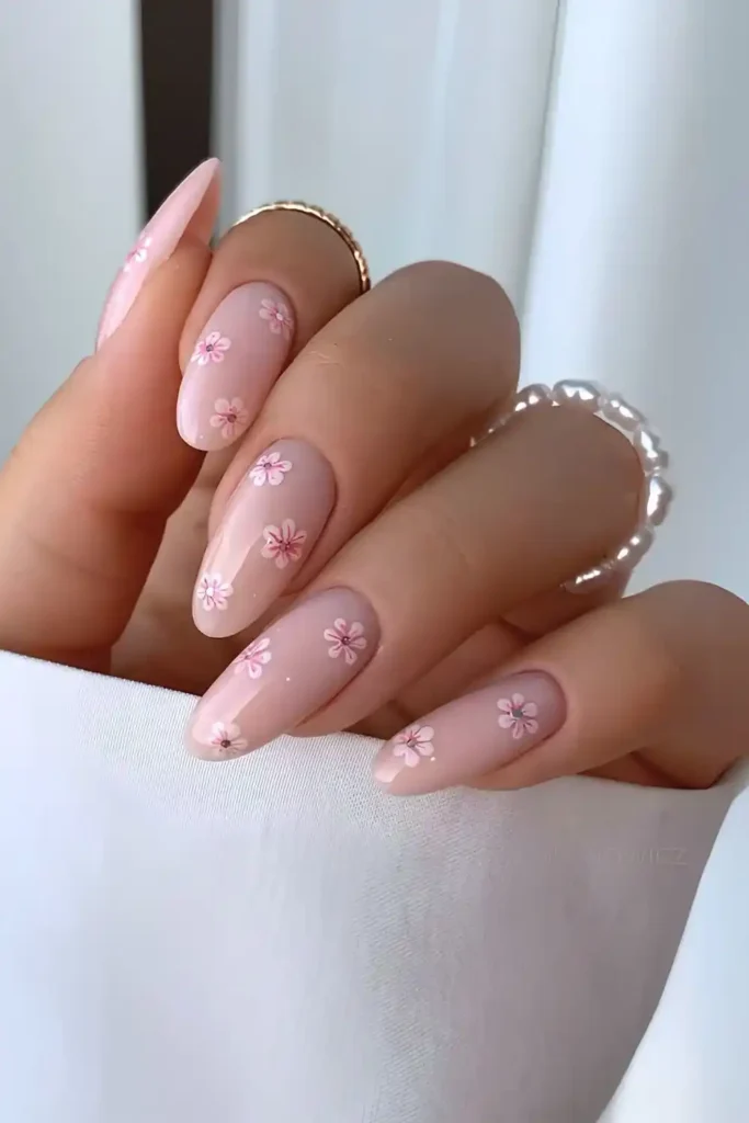 Soft Pink Nails With Tiny Flowers for a Delicate Manicure