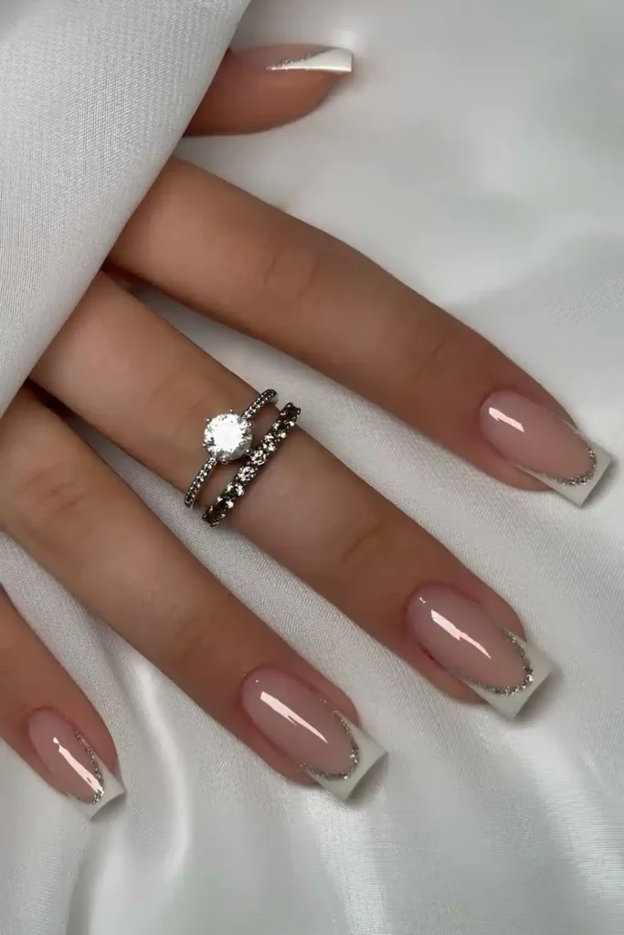 Square white French mani with glitter outline