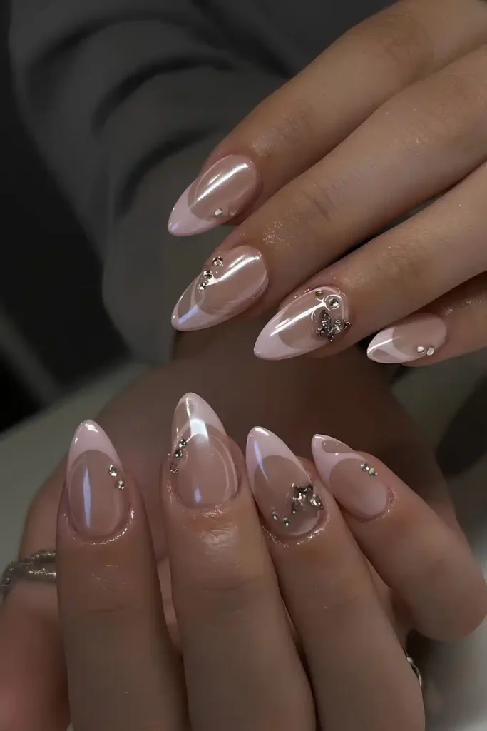 Swirly Pink Chrome French Nails