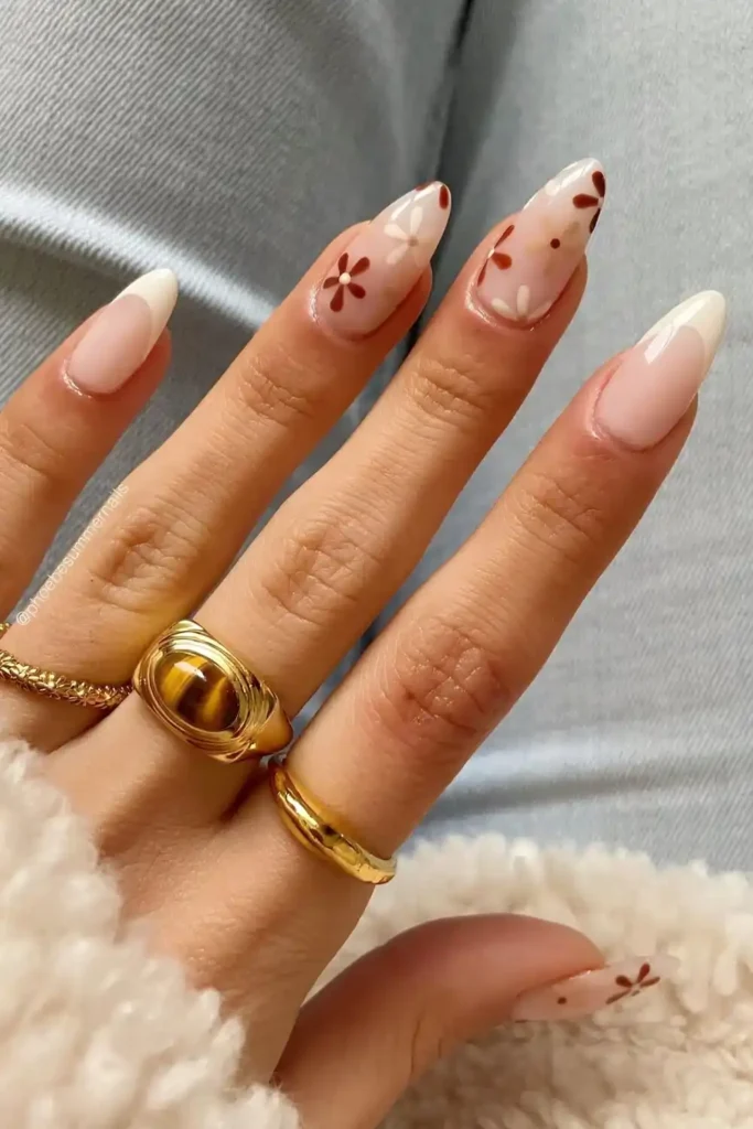 Vanilla French Nails With Floral Art