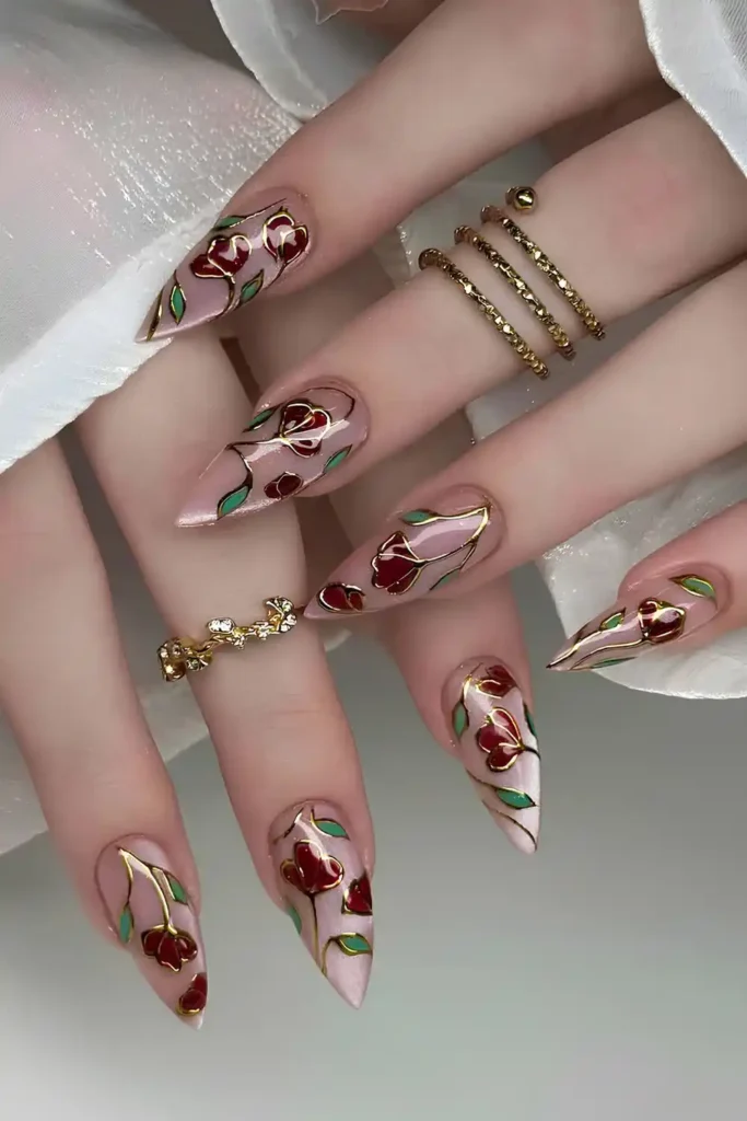 Velvet Nails With Dark Red Flowers That Feel Rich and Elegant