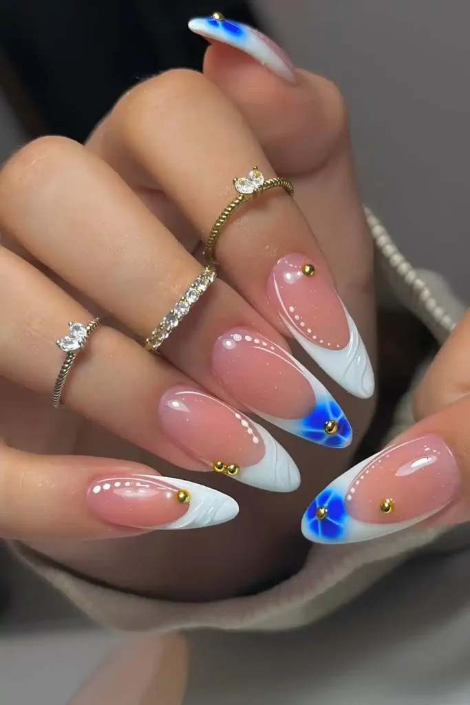 White French Mani With Blue Florals for a Delicate Touch