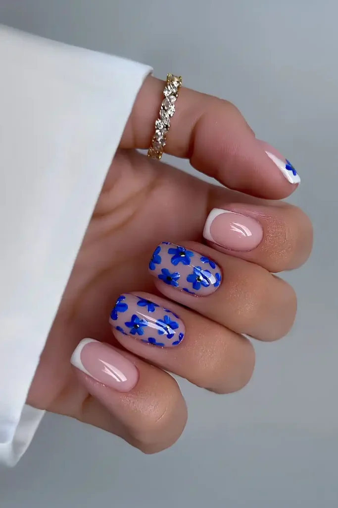 White French Mani With Blue Flowers