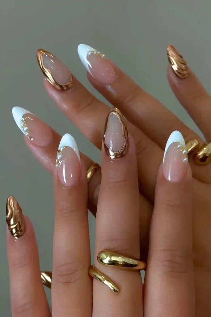 White French Mani With Gold Chrome And Pearl Accents