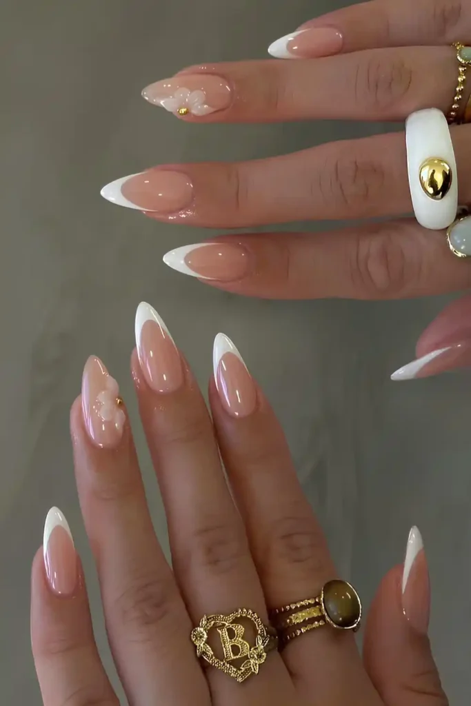 White French Mani With Sculpted Flowers