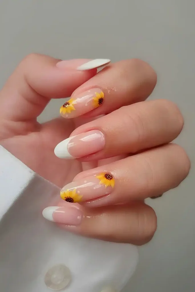 White French Mani With Sunflowers