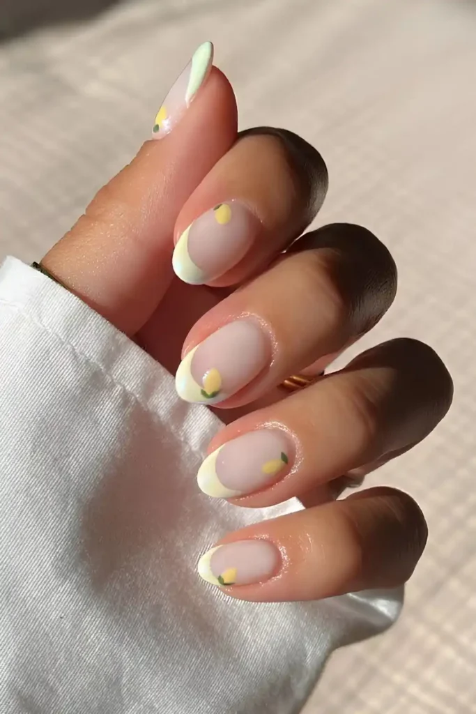 White French Manicure With Accent Lemon Art