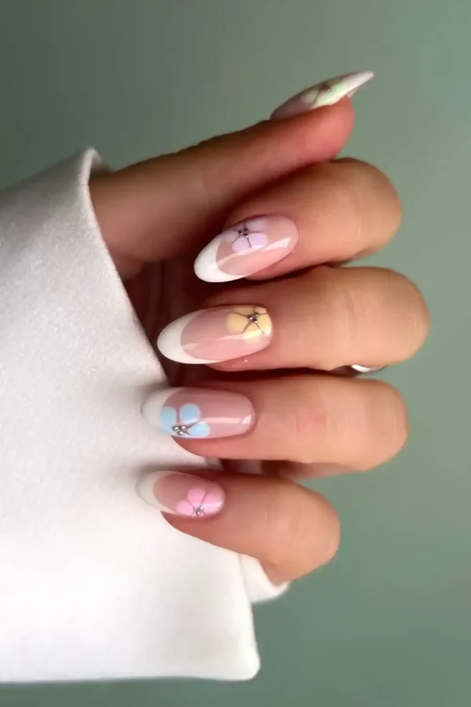 White French Nails With Pastel Blooming Flowers