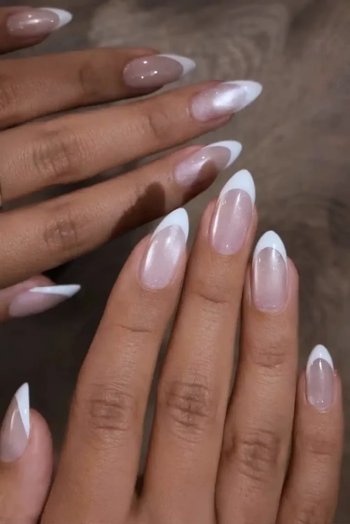 White French Tip Nails on Cat Eye Base With a Chic Twist