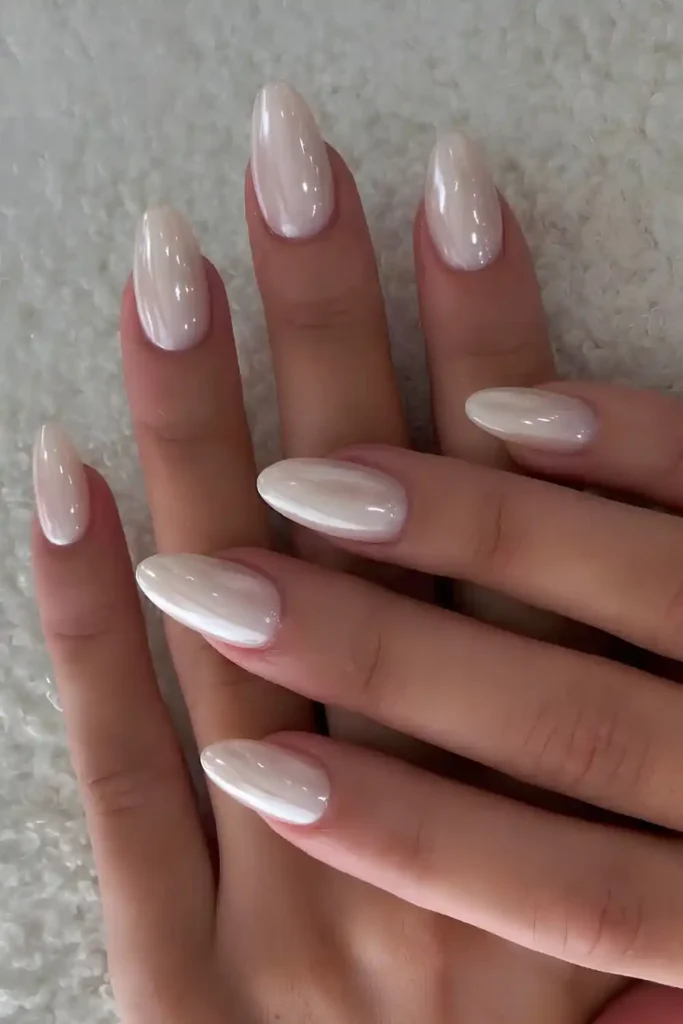 White Almond Chrome Manicure