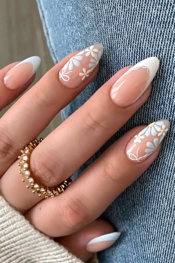White And Blue French Mani With Flowers And Bows