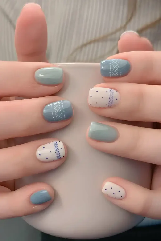 White And Blue Nails With Fair Isle Pattern