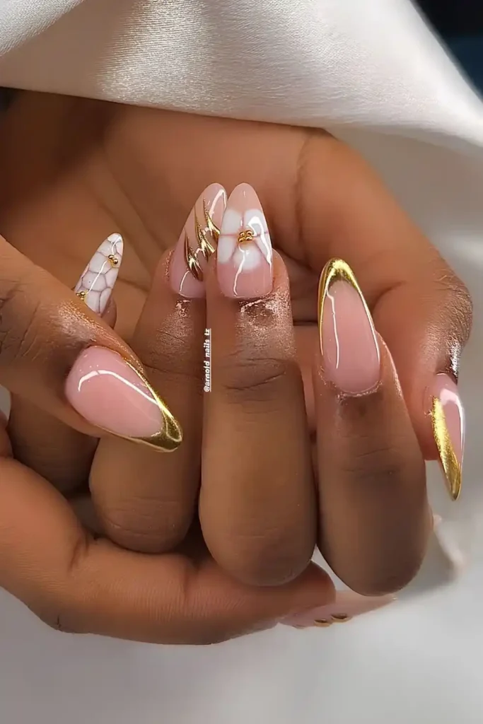 White And Gold French Nails With Flowers