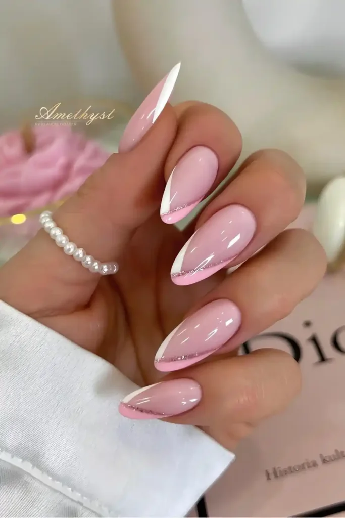 White And Pink Pointed French Tip Nails for a Chic Finish