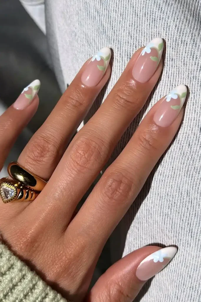 White French Mani With Blue And Green Floral Art