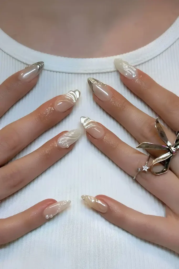 White Nails With Pearls and Silver Accents That Sparkle