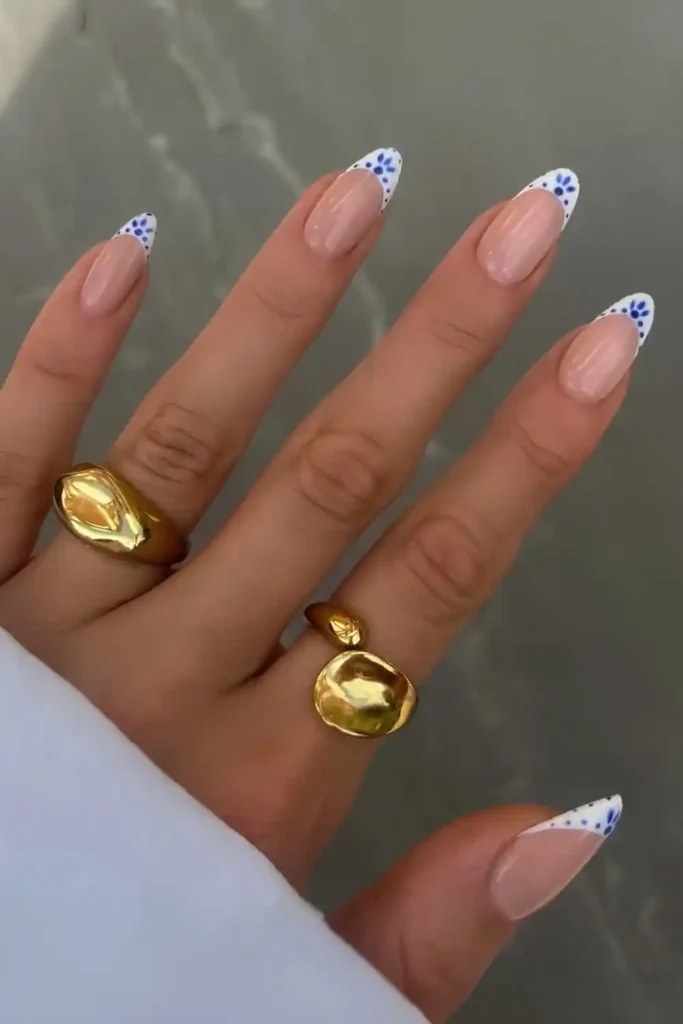 White Summer French Nails With Ceramic Style Florals