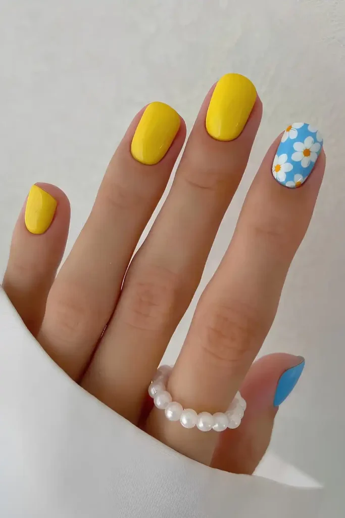 Yellow And Blue Floral Nails