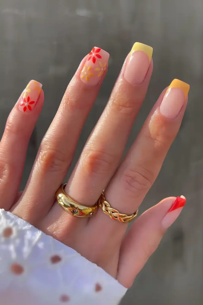 Yellow And Red Floral Nails