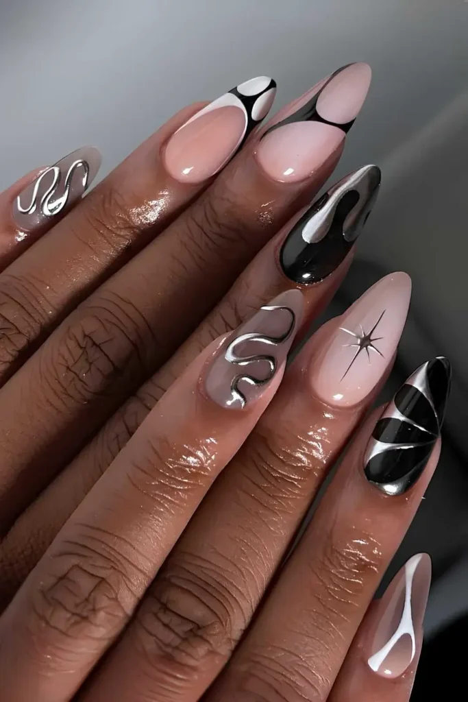 Abstract Black and White Mani With Silver Accents That Stand Out