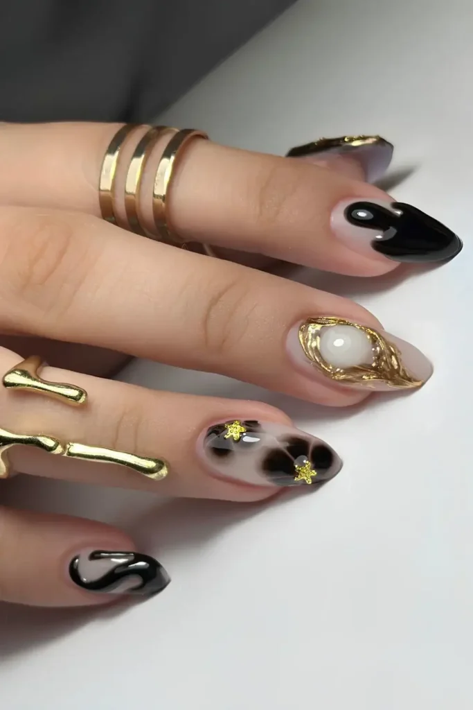 Abstract Black and White Nails With Gold Details