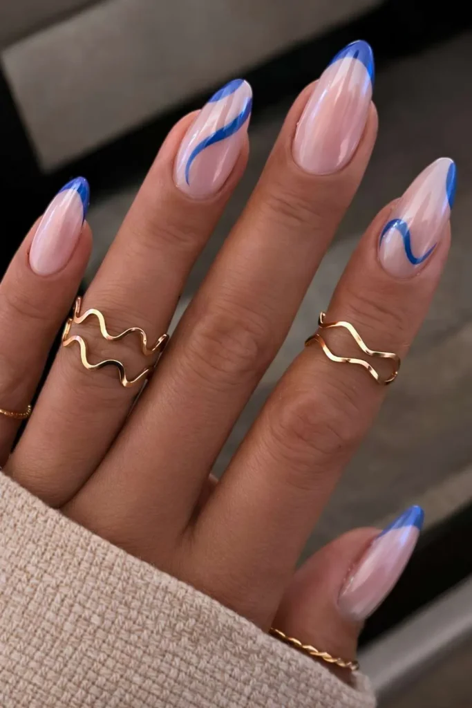 Abstract Blue French Mani With Chrome Finish That Shines Beautifully