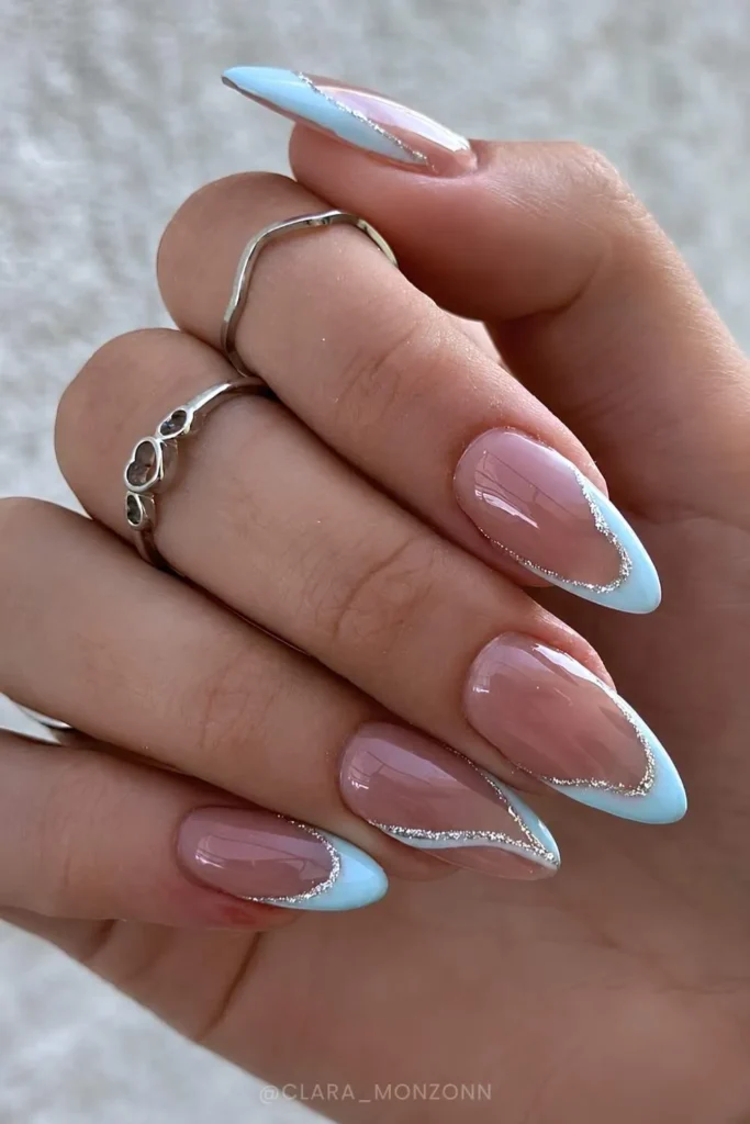 Abstract Blue French Mani With Silver Glitter That Sparkles Elegantly