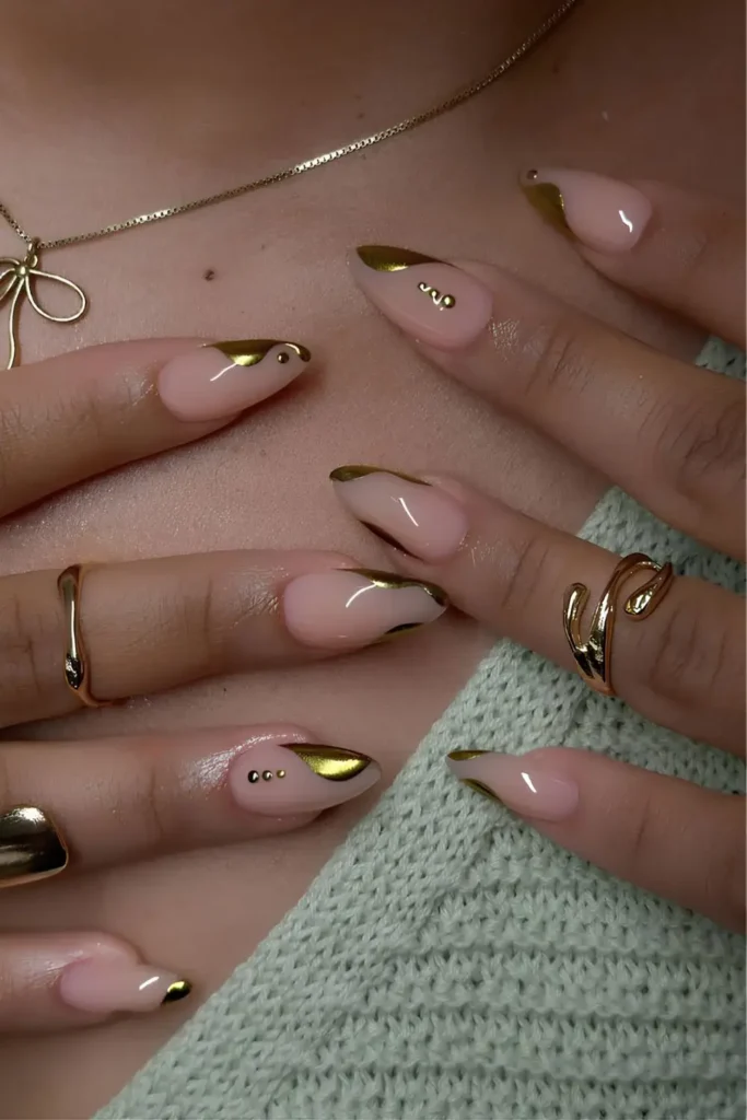 Abstract Gold French Nails With Dot Accents That Stand Out