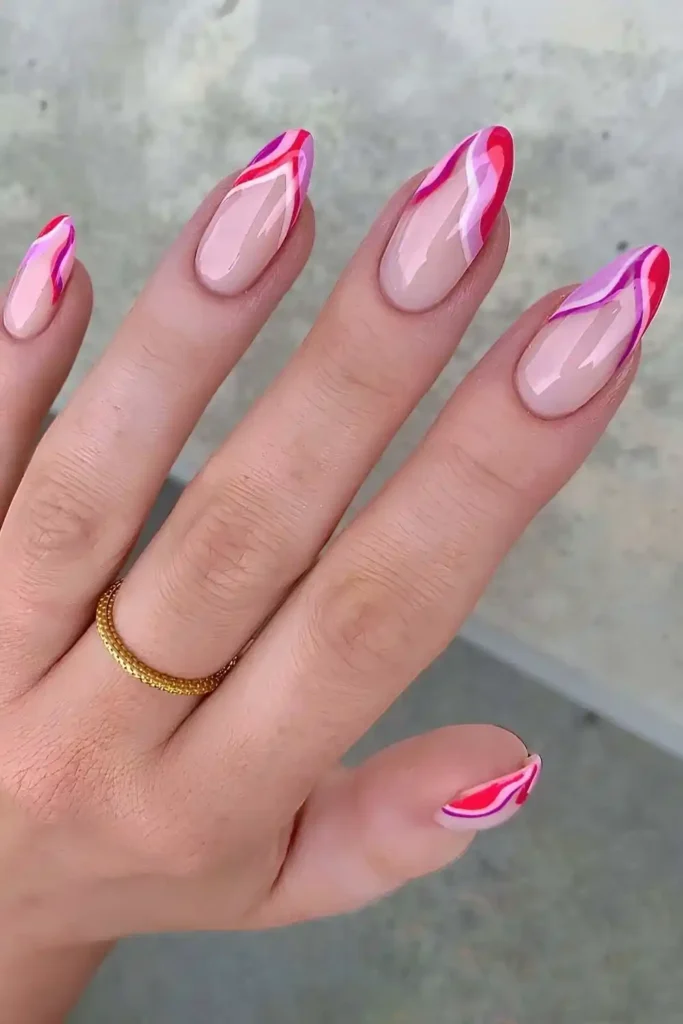 Abstract Pink and Purple French Nails With a Modern Artistic Touch