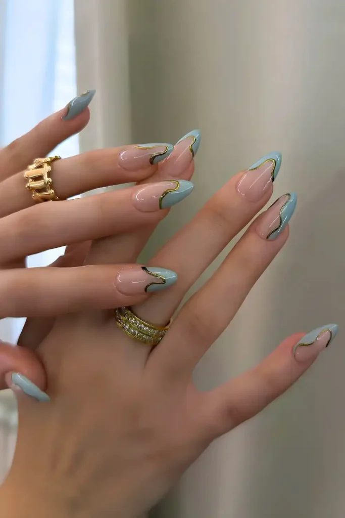 Abstract Teal Blue French Nails With Gold Outline That Make a Statement