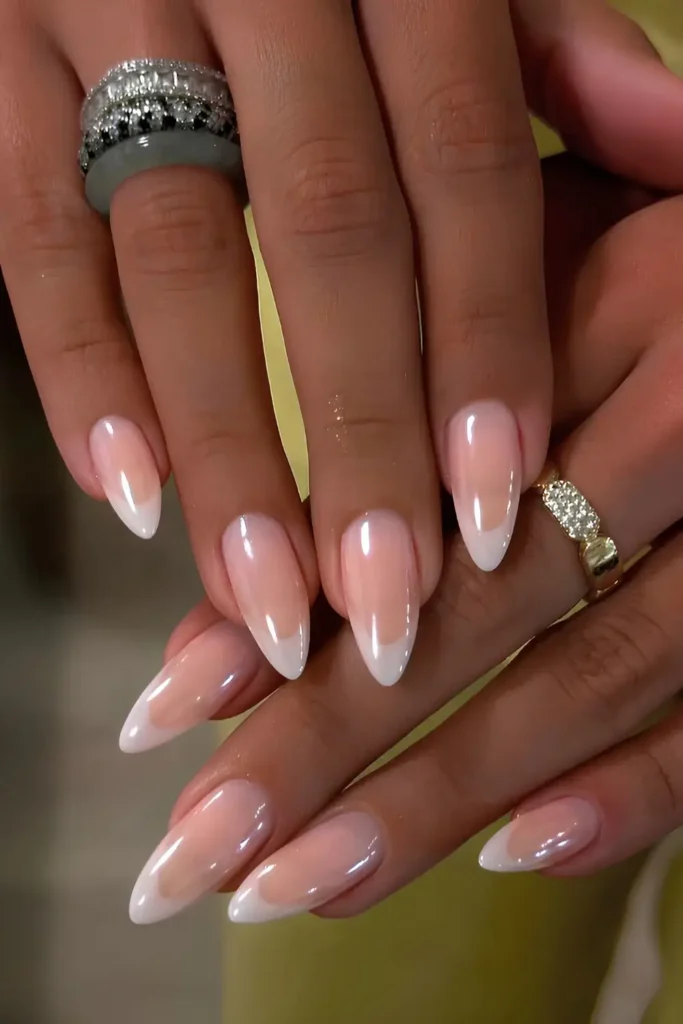 Almond Shaped White French Chrome Nails for an Elegant Glam Look