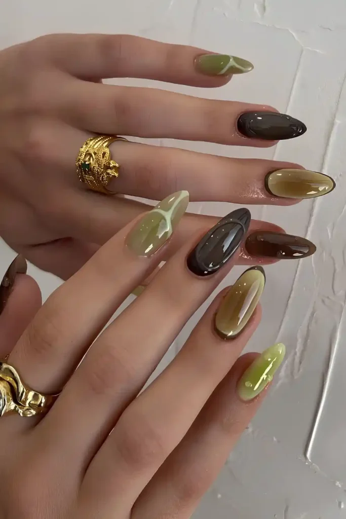 Aura Nails in Different Tones of Olive That Feel Modern
