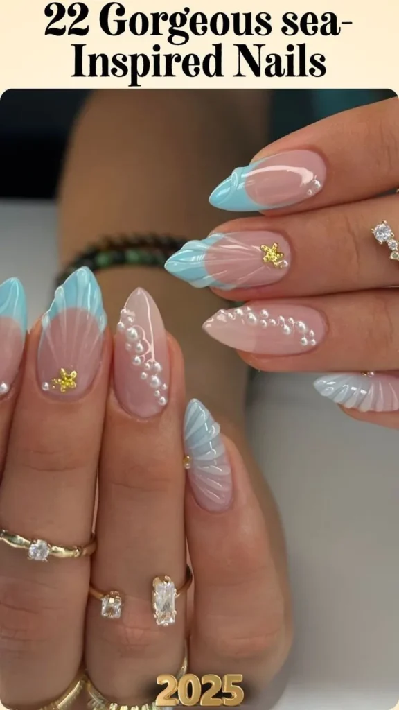 Baby Blue Seashell Nails With Pearls and Starfish Accents