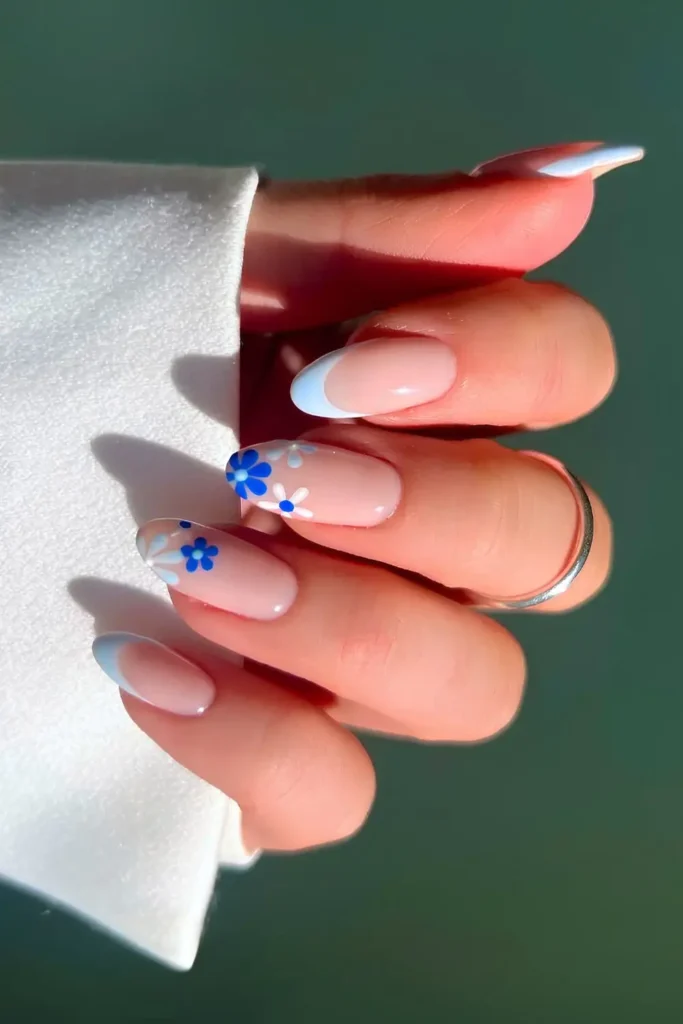 Baby Blue French Mani With Floral Art for a Soft Feminine Finish
