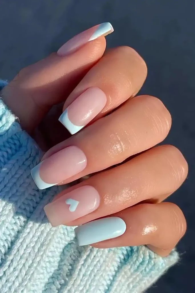 Baby Blue Heart Manicure for a Cute Romantic Look