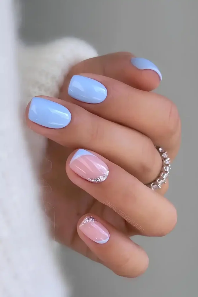 Baby Blue Nails With Glitter Details That Sparkle Beautifully