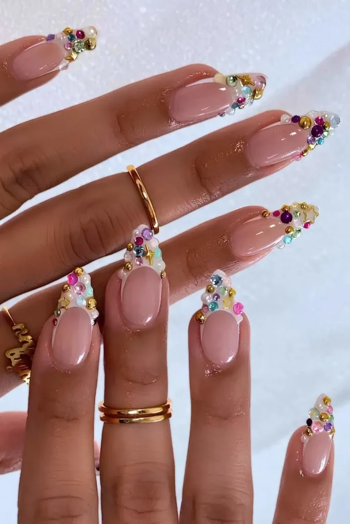 Bedazzled White French Tip Manicure for a Glam Look