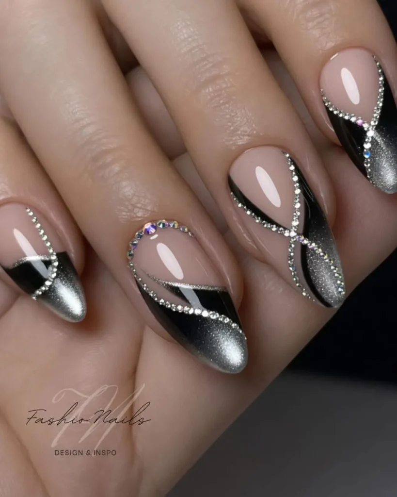 Black Chrome French Nails With Rhinestone Swirl Accent Design
