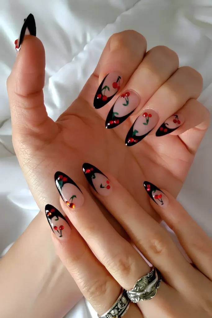 Black French Mani With Accent Cherry Art