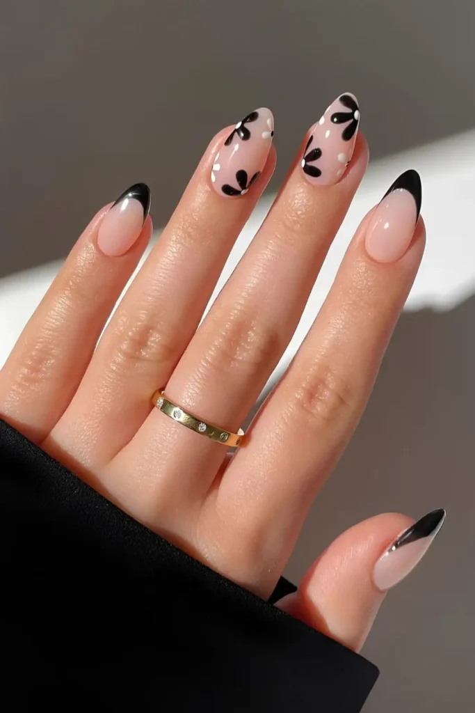 Black French Mani With Flowers for an Elegant Look