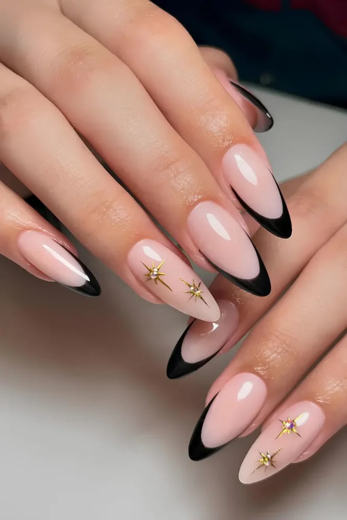 Black French Mani With Gold Chrome Stars