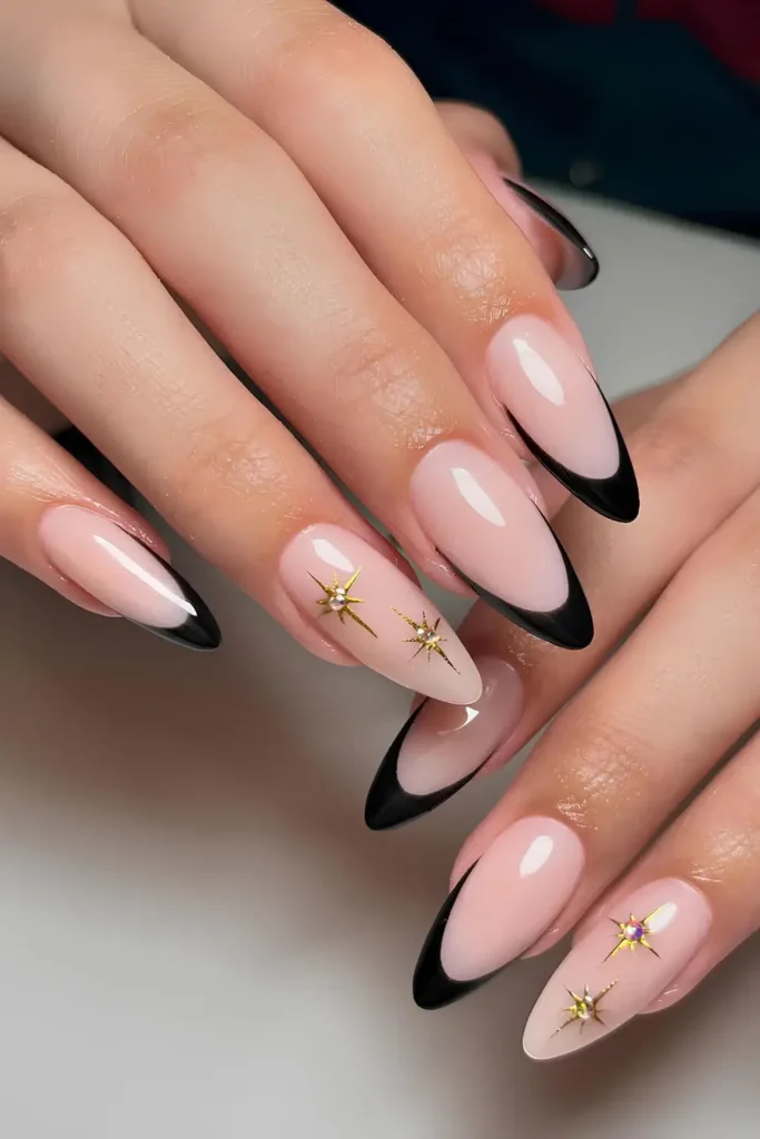 Black French Mani With Gold Chrome Stars