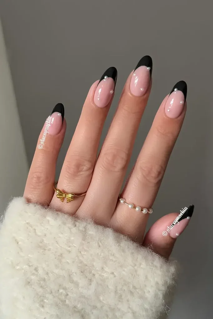 Black French Mani With Pearls for a Bold Elegant Look