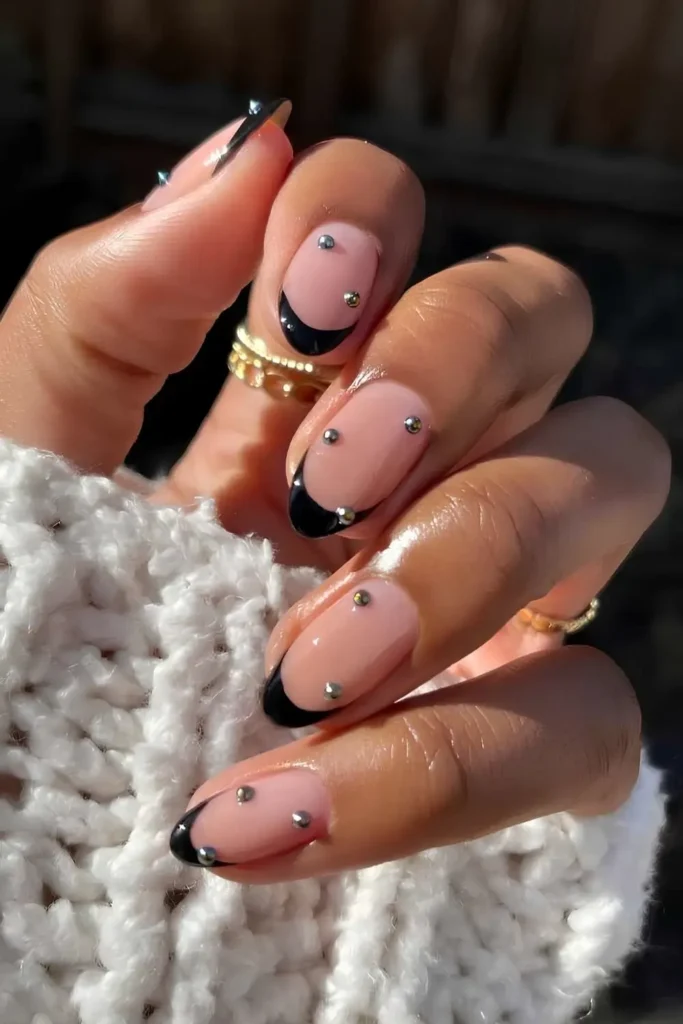 Black French Mani With Silver Micro Beads for Elegant Detail