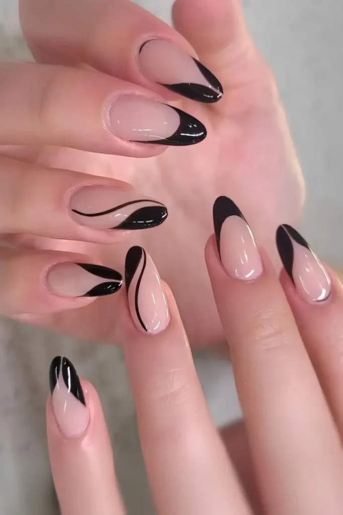 Black French Mani With Swoopy Lines for a Modern Look