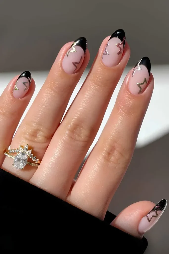 Black French Manicure With Silver Star Art That Shines Beautifully